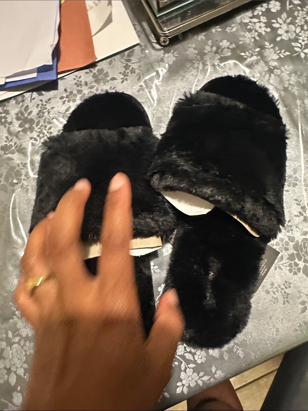 Nine West Black Faux Fur Slide Slippers for Women